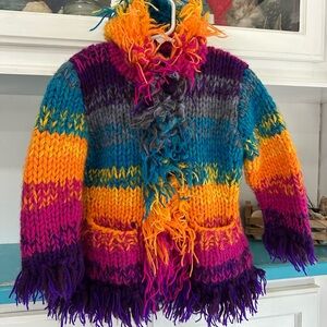 HOODED CARDIGAN Sweater Kids Size T3 Rainbow Fringed Chunky Wool Fun Uttam KNIT
